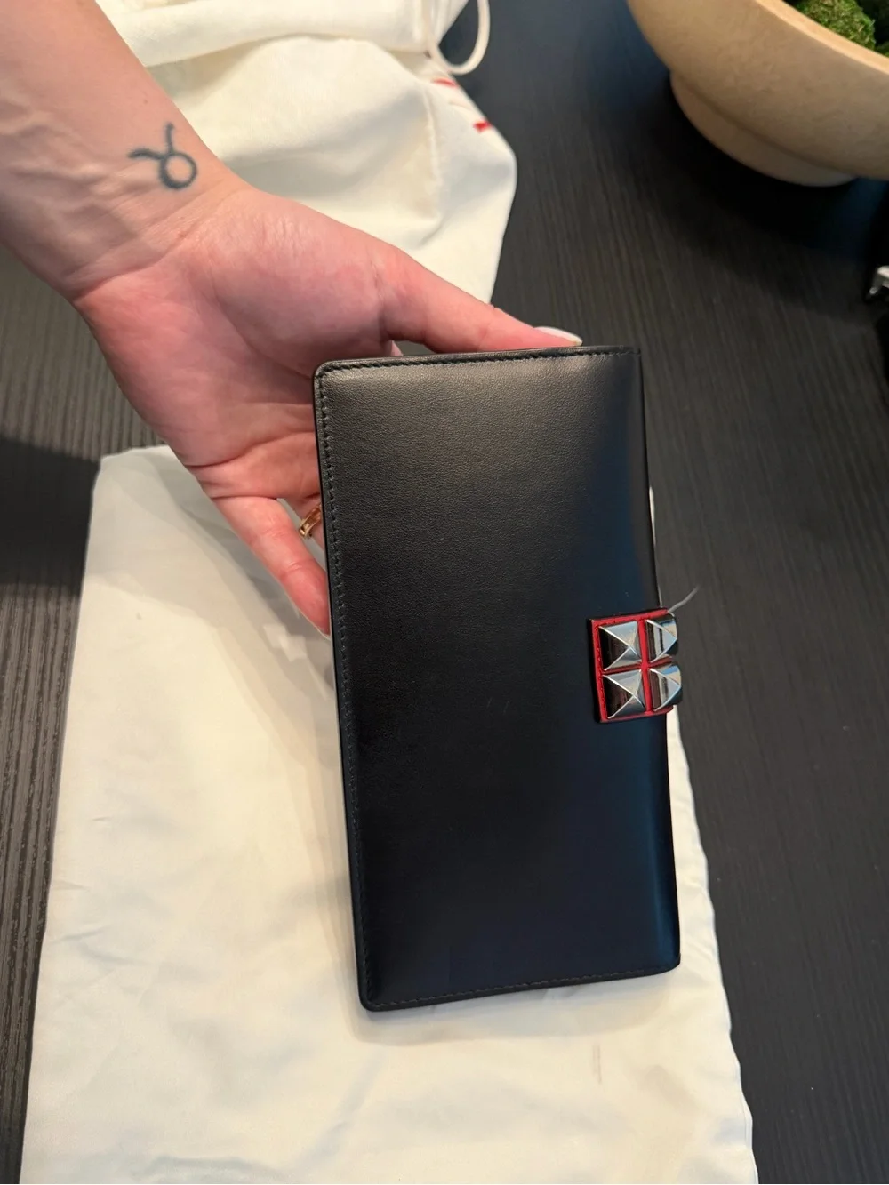 Prada Elektra Black Leather Wallet with Red Stud-Trim and chain, 100% authentic